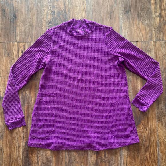 LOGO Lori Goldstein size S sparkling grape long sleeve blouse lace glitter - Picture 4 of 15